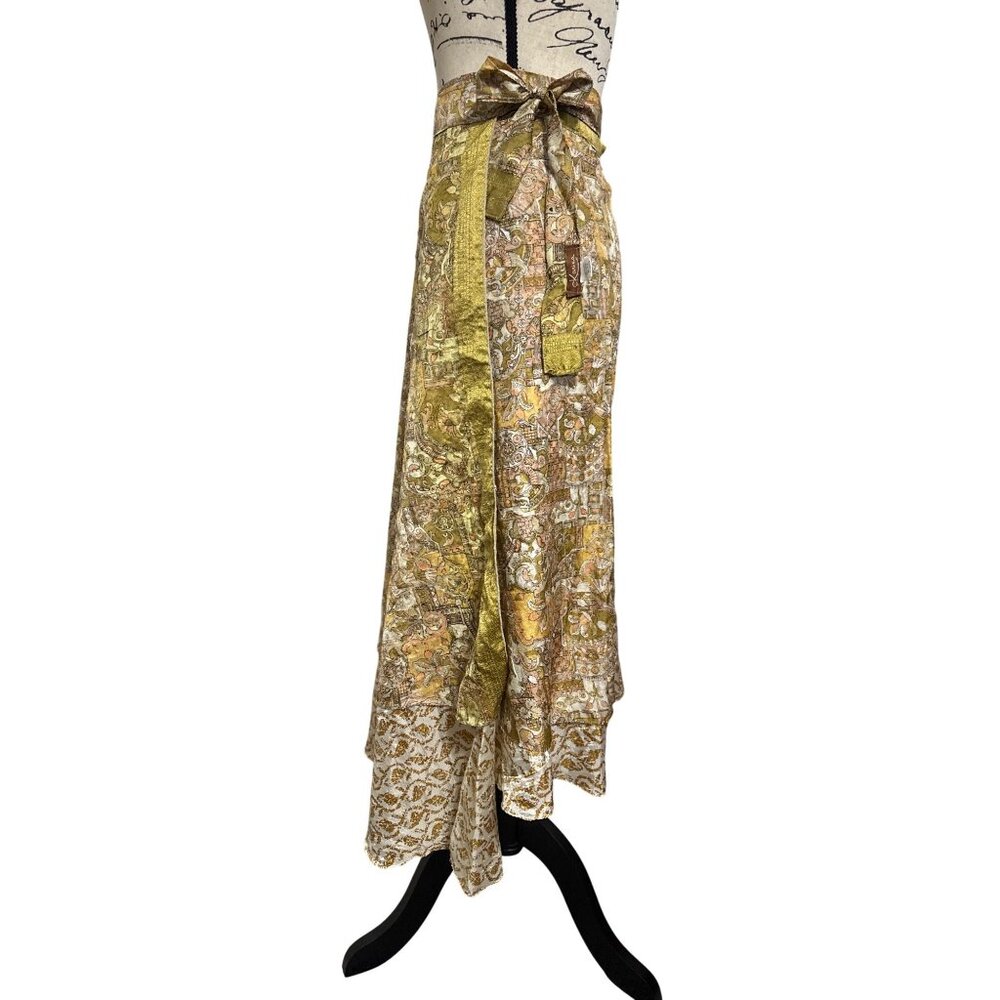 KARIZA Wrap Maxi Skirt Gold Paisley Print Womens S Boho Style Made In India - Picture 5 of 11